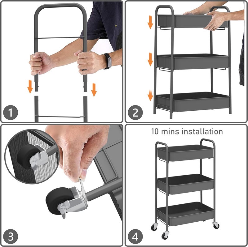 CAXXA 3-Tier Rolling Metal Storage Organizer - Mobile Utility Cart with Caster Wheels, Gray - Image 3
